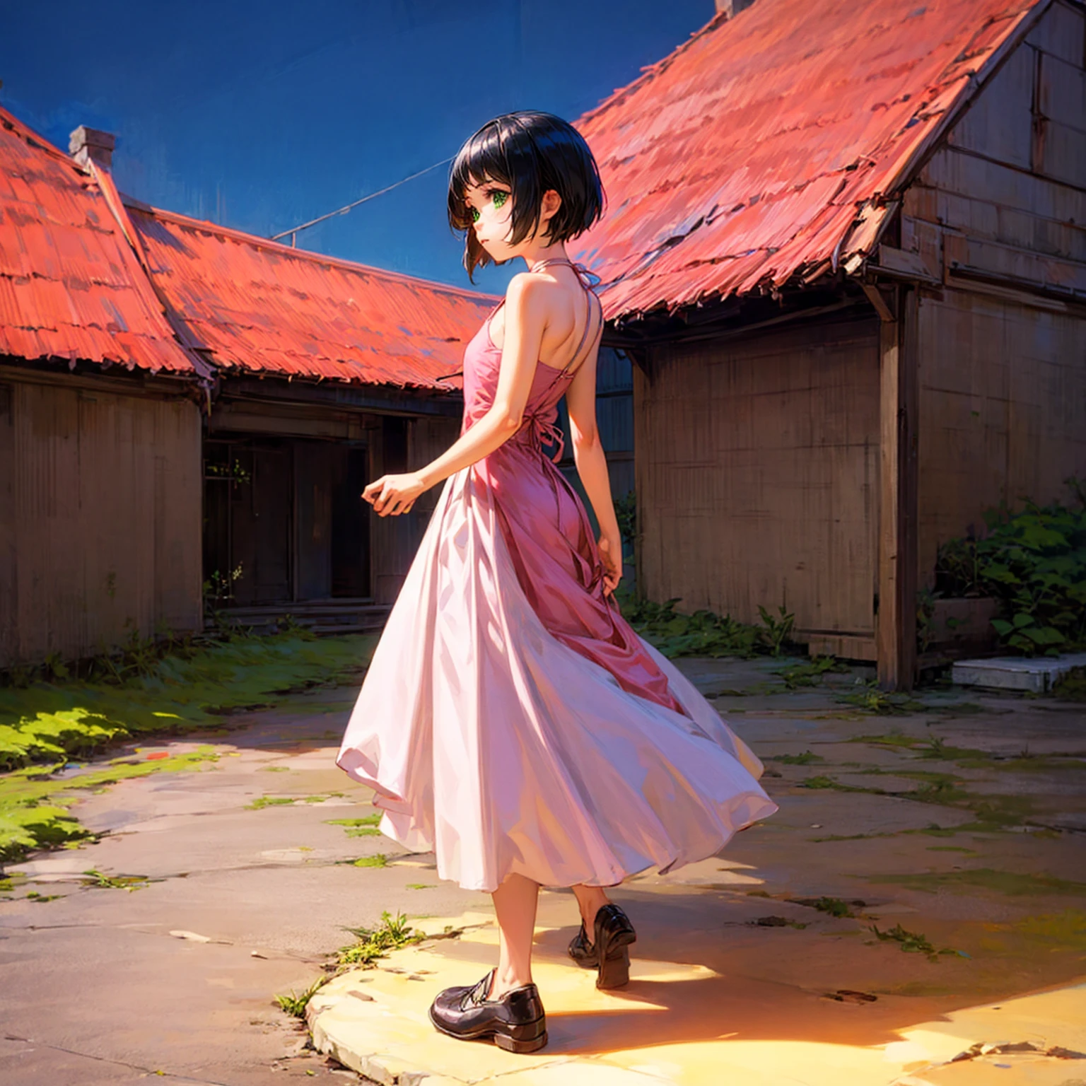 solo, kid girl, green eyes, short haircut, black hair, bare shoulder dress, pink dress, shoes, outdoor, medieval town, sky blue, full body version, full shot camera, detail background, detailed hair, detailed clothing, (Bleach style art)