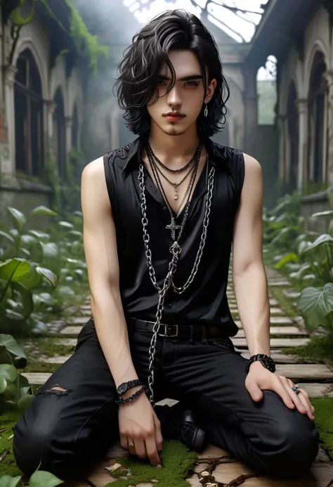 gothic normal medium haired young men with aesthetic chain necklace and wearing a black sleeveless blouse is posing laying on th...