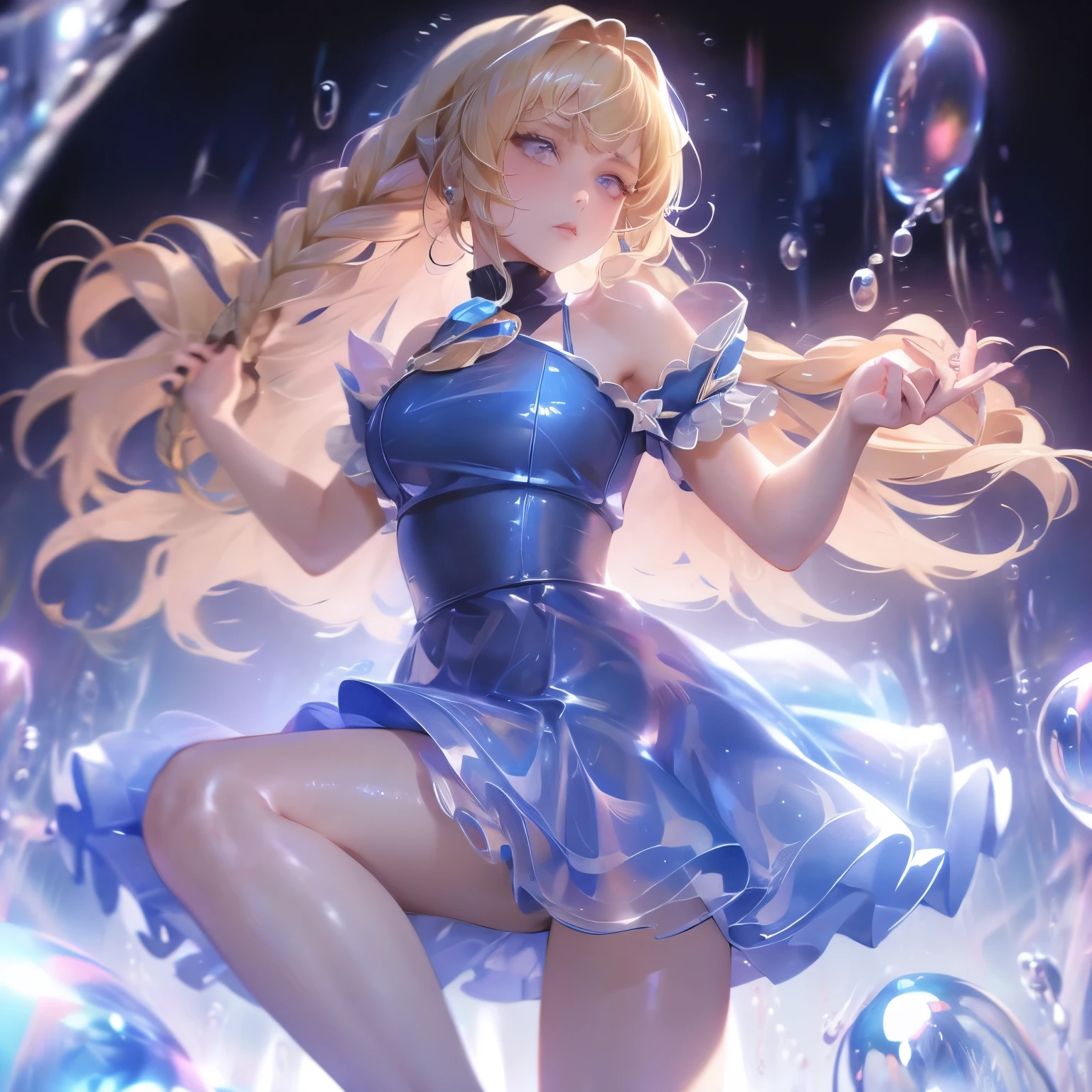 masterpiece, best quality, bubble, Blue Dress, Blonde braids, Pretty Face, Extremely detailed eyes, Focused gaze, Fighting Stance 