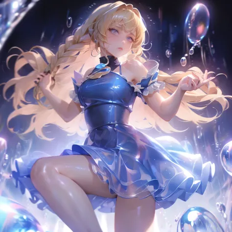 masterpiece, best quality, bubble, blue dress, blonde braids, pretty face, extremely detailed eyes, focused gaze, fighting stanc...