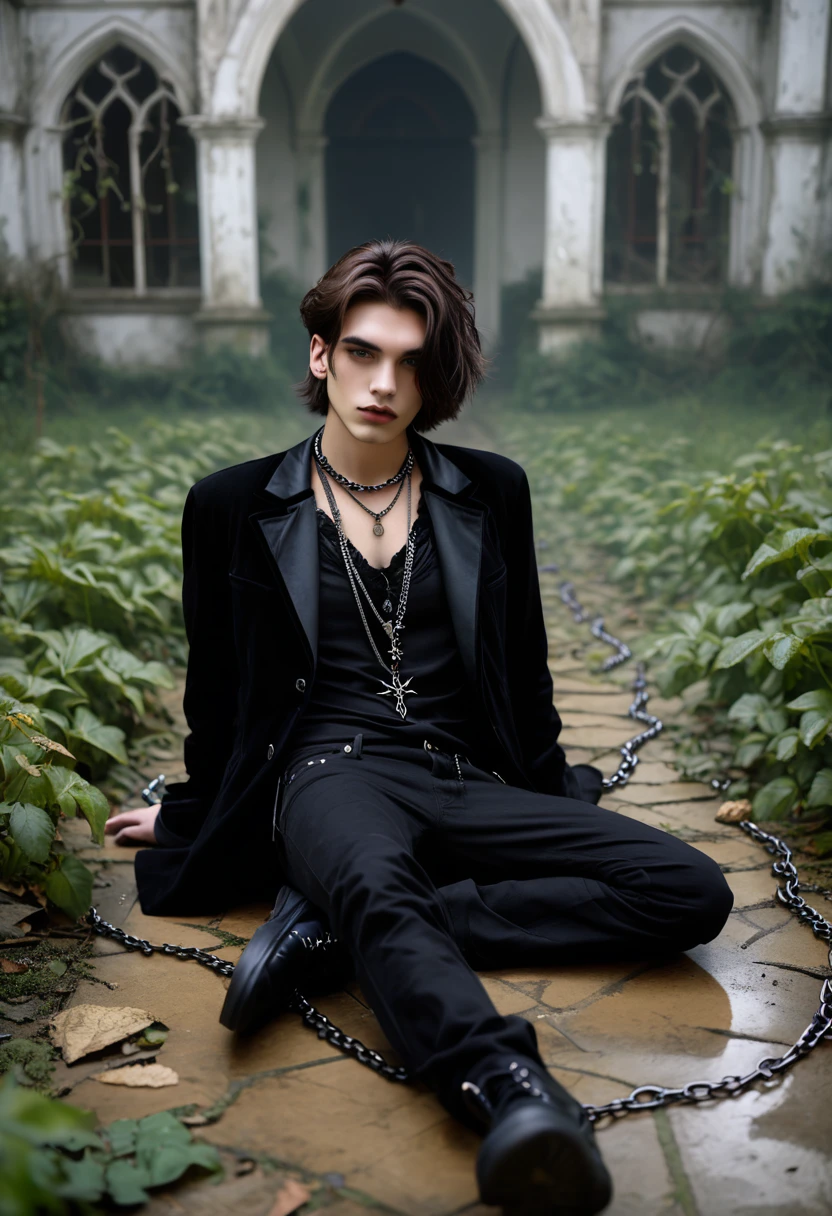 Gothic normal medium haired young men with aesthetic chain necklace is posing laying on the floor in front of the abandoned misty garden