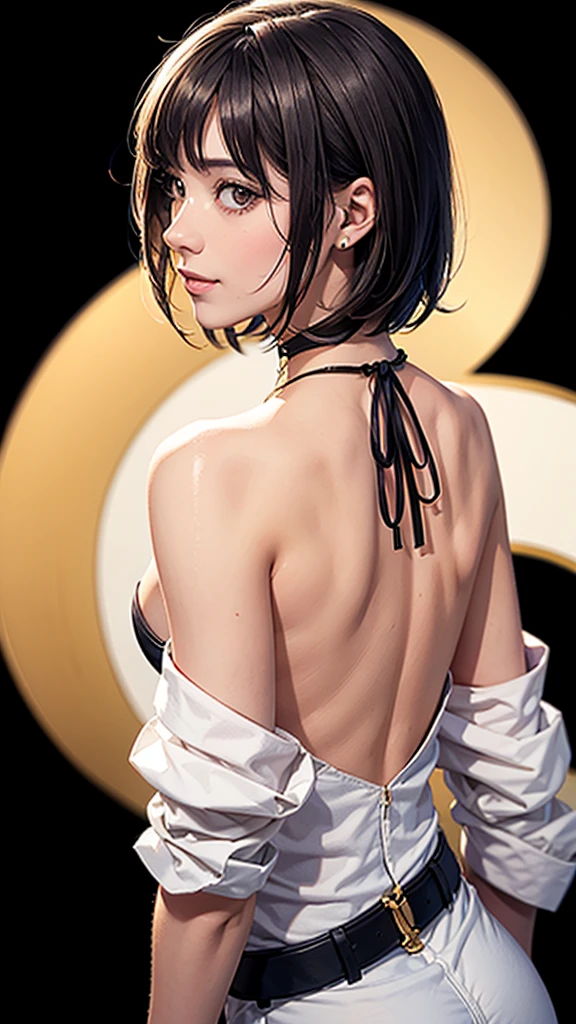 (（（Perfect body,White and tender skin,（（（japanese clothes, sideboob，Black top, Gold belt, black sleeves, black Japanese pants ）））,（（（sui-feng, short hair, short hair with long locks，Black hair））），((masterpiece)),high resolution, ((Best quality at best)),masterpiece,quality,Best quality,（（（ Exquisite facial features,Looking at the audience,There is light in the eyes,Smile））），From the back）））,（（（Light and shadow,Small chest，）））,（（（Looking at the camera,black background,)））),