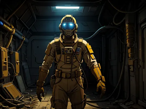 masterpiece, great detail, astronaut soldier,  without helmetlooking straight ahead, yellow uniform, dirty, with stains,, armor ...