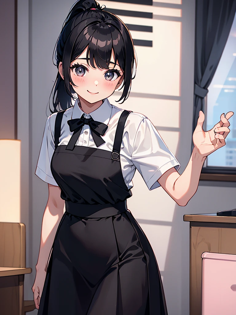 28 years old, OL, short black hair, ponytail:1.Woman number 9, side-swept bangs, smiling, blushing, energetic, big eyes, bright eyes, beautiful, tall and slender, white collared shirt, short sleeves, black long skirt:1.9 Black tight long:1.9 Skirt Black ribbon Office Desk Chair Standing posture Cute