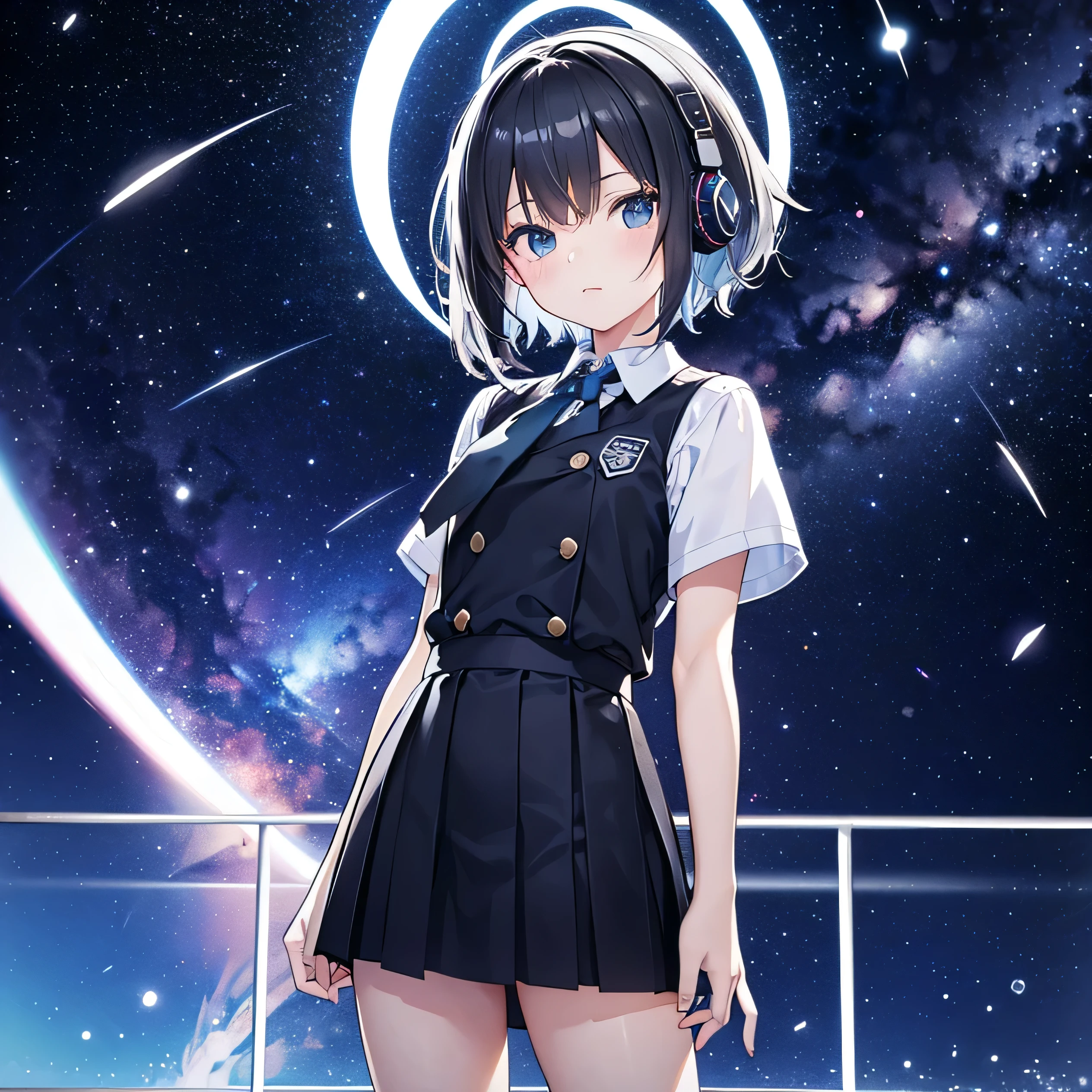 monochrome tone, black & white two tone (all image layer color), An anime girl with short hair standing in front of the sky, school uniform, short skirt (check pattern), wearing headphone on neck, neck band (headphone),  normal chest, 16-years-old girl, extreme hand detail, Promotional art, Shining Star, Visual Novel CG, official art, Key Art, shooting star, wallpaper!, official fanart, Promotional artwork, milky way,, Visual Novel Key Visual, masterpiece