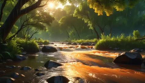 wide shot and low angle photos of flowing river, rain, in the forest in digital art style, the scene is filled with a peaceful a...