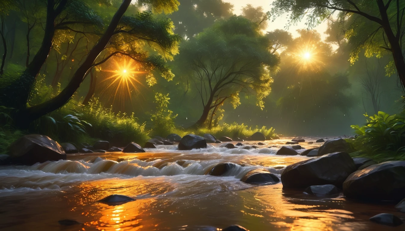 Wide shot and low angle photos of flowing river, rain, In the forest in digital art style, The scene is filled with a peaceful atmosphere that helps sleep, Natural scenes like in a dream world, orange light shimmers with other colors, the atmosphere makes people feel calm and peaceful, Very detailed, .8k,Excellent