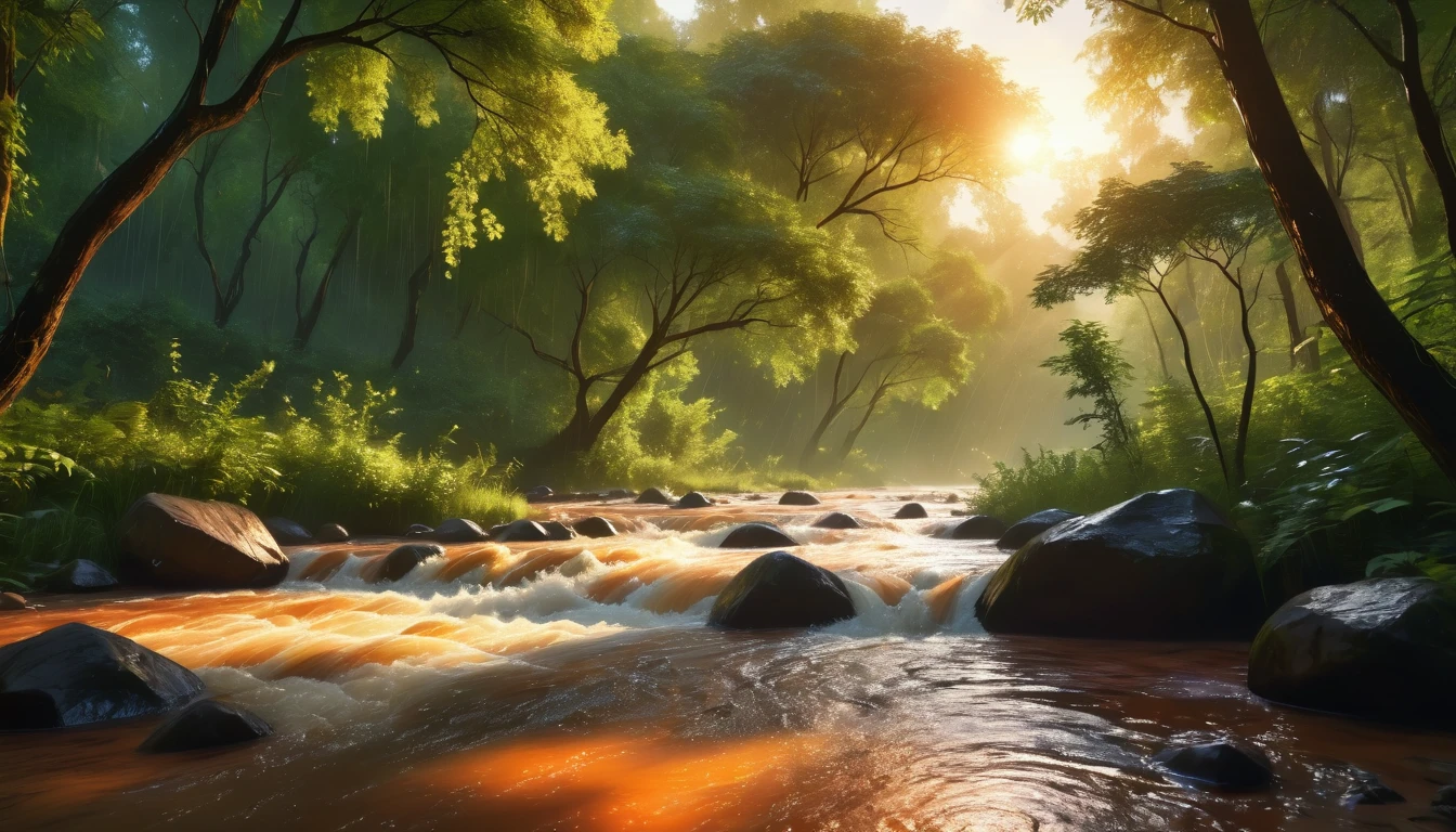 Wide shot and low angle photos of flowing river, rain, In the forest in digital art style, The scene is filled with a peaceful atmosphere that helps sleep, Natural scenes like in a dream world, orange light shimmers with other colors, the atmosphere makes people feel calm and peaceful, Very detailed, .8k,Excellent