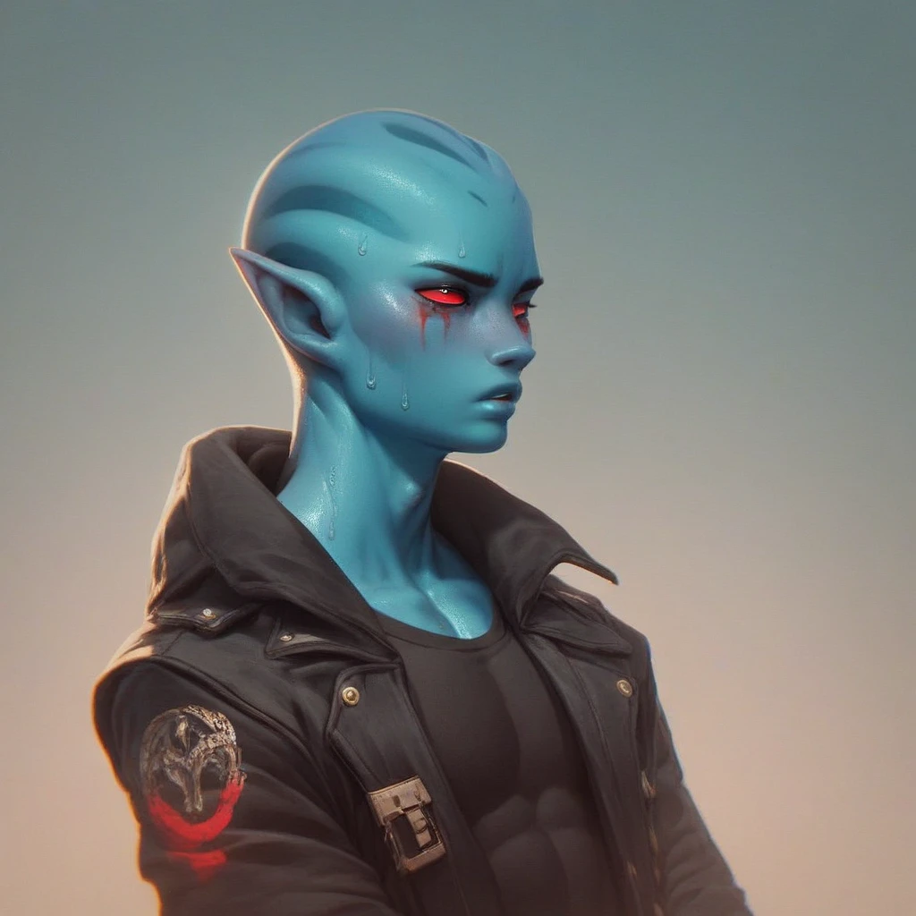 Oc,na’vi, a alien blue skin skinny buff femboy man wearing black trench-coat with prominents a red mark on the face,thick, in an 90’s style. He’s gay , including one weapon and a sensual , cool expression. Sweating.The scene has a cool,sweet,stargate style and a vibrant tone.