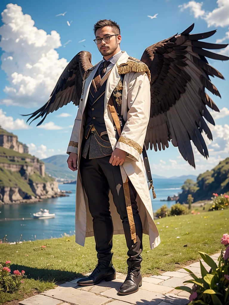 ultra detailed, detailed scenery, realistic image, glasses, balding, full body, screnery, landscape, man with eagle wings, athen costume,