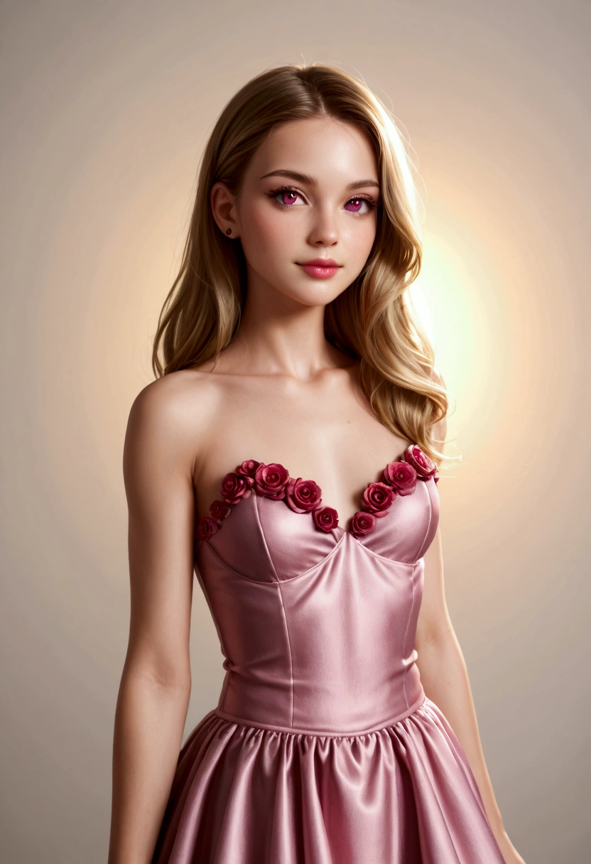 An 18 years old European girl with pale skin and long, wavy rose_gold hair. large and magenta colored eyes, full lips, with an adorable, and innocent face. She should have a happy expression, wearing a pink, gold, and rose gold colored dress, with an elegant and spider web lace theme, something that emphasizes her sweet and compassionate personality. Overall, her appearance would be striking, attracting curious looks. small chested, slender, petit, cinematic lighting, chromatic aberration, backlighting, masterpiece, high details, high quality, 4K.