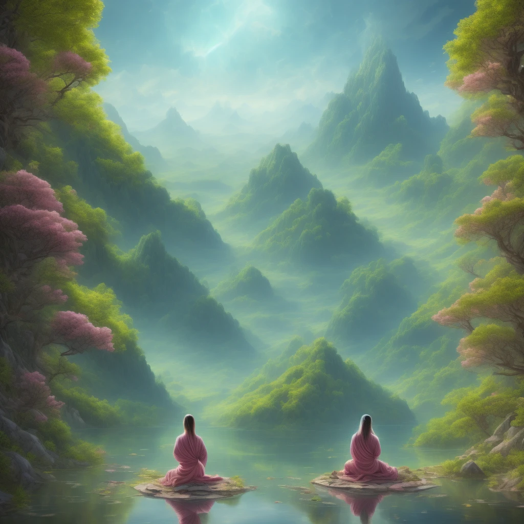 a person meditating in a wide robe, beautiful lush green valley landscape, enchanted world, serene contemplation, natural symbols, vibrant strong colors, cinematic lighting, (best quality,4k,8k,highres,masterpiece:1.2),ultra-detailed,(realistic,photorealistic,photo-realistic:1.37),intricate details,environmental portrait,dramatic lighting,cinematic atmosphere,fantasy,mystical,spiritual