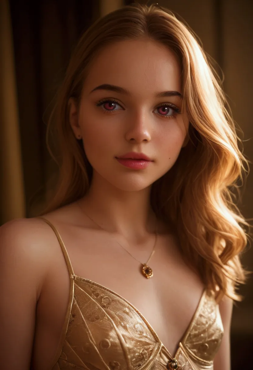 an 18 years old european girl with pale skin and long, wavy rose_gold hair. large and magenta colored eyes, full lips, with an a...