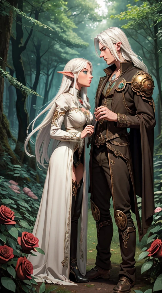 A white-haired elven maiden and a steampunk golem with black skin and blue eyes, hands almost touching in the middle of a forest full of roses with gears at their feet,
unity, auslese,
harmony, duality,
Mystical Bond, Intertwining destinies, mechanical heartbeat, elven fascination