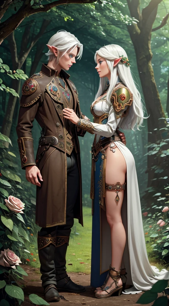 A white-haired elven maiden and a steampunk golem with black skin and blue eyes, hands almost touching in the middle of a forest full of roses with gears at their feet,
unity, auslese,
harmony, duality,
Mystical Bond, Intertwining destinies, mechanical heartbeat, elven fascination