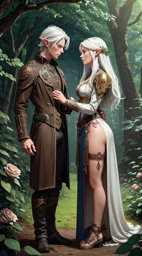 a white-haired elven maiden and a steampunk golem with black skin and blue eyes, hands almost touching in the middle of a forest...