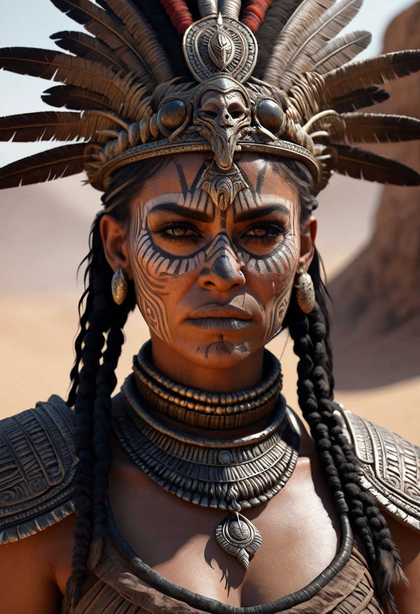 female aztec warrior, Mad Max's style, (ArtStation:1.1), (difficult:1.1), One, female, I look at the viewer, photorealistic, 8 K, unreal engine, inspired by X.p. Giger, half body portrait, very detailed,