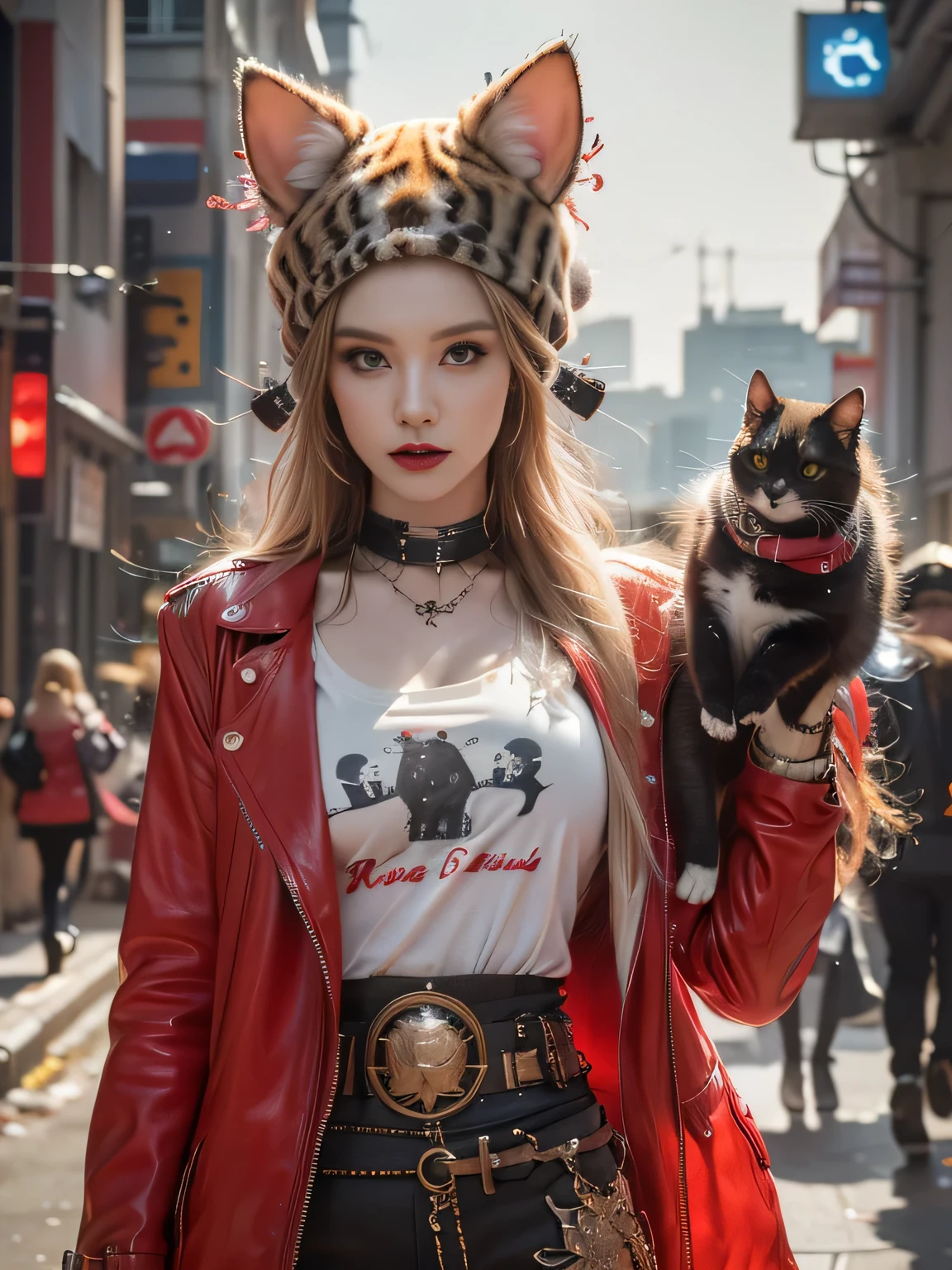 Cat wearing hat and scarf, Trendy Art Station, Punk outfits, Detailed hyper-realistic rendering, British gang members, Street style, Threatening Posture, Cat Planet, fashionable costume, City Warrior, Meow, West Slavic characteristics, 8 1 5