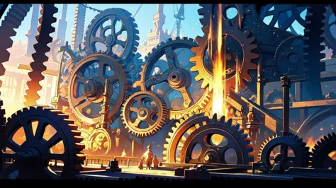 (a nation with constructions made of gears), festival, village, world of steel, gears, ultra detailed