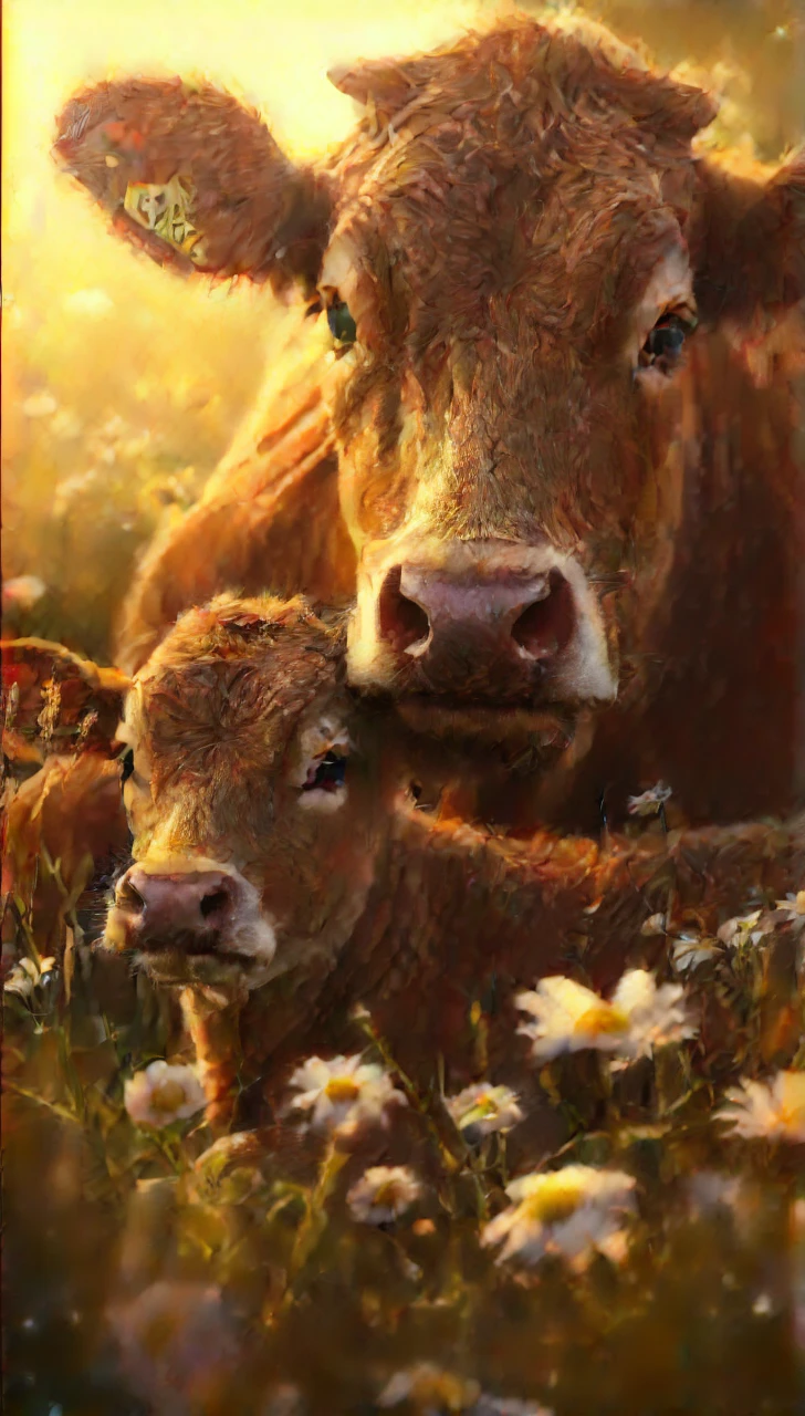 Uma vaca fofa e seu bezerro, o bebê deitado na grama com margaridas, Olhos grandes, luz solar quente, retrato em close, textura de pele detalhada, pintura digital, no estilo de artgerm, ultra realistic, iluminação cinematográfica, detalhes intrincados, Hora dourada