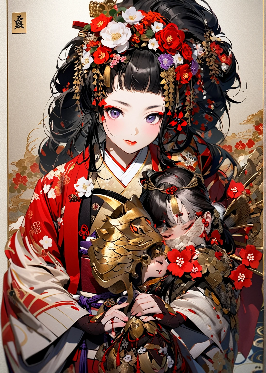 A 12-year-old princess wearing a red kimono and a flower crown, Traditional Japanese, traditional geisha clothing, Japanese women, Wearing Imperial Kimono, japanese geisha, geisha photo portrait, female geisha girl, elegant Japanese women, Japanese Kimono, In kimono, Traditional beauty, Wearing kimono and armor, portrait of geisha, wearing a haori, geisha　She gets an old man&#39;s dick shoved in her pussy