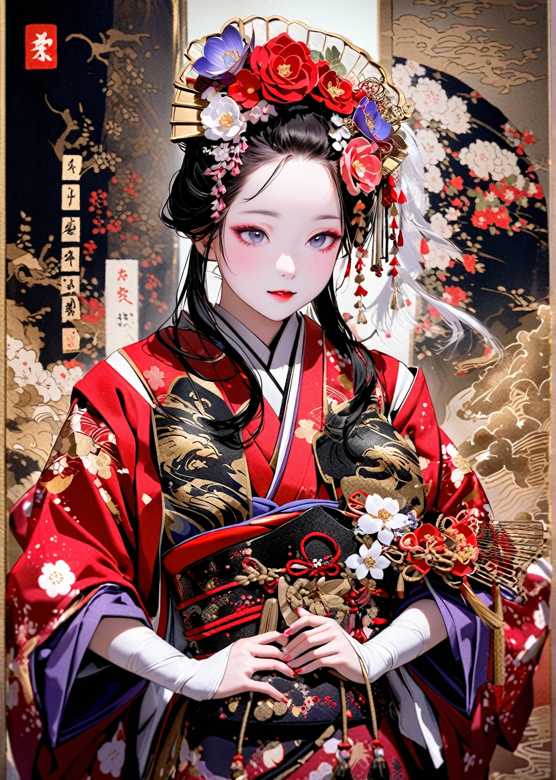 A 12-year-old princess wearing a red kimono and a flower crown, Traditional Japanese, traditional geisha clothing, Japanese women, Wearing Imperial Kimono, japanese geisha, geisha photo portrait, female geisha girl, elegant Japanese women, Japanese Kimono, In kimono, Traditional beauty, Wearing kimono and armor, portrait of geisha, wearing a haori, geisha　She gets an old man&#39;s dick shoved in her pussy