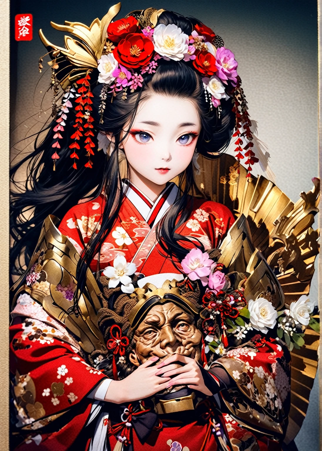 A 12-year-old princess wearing a red kimono and a flower crown, Traditional Japanese, traditional geisha clothing, Japanese women, Wearing Imperial Kimono, japanese geisha, geisha photo portrait, female geisha girl, elegant Japanese women, Japanese Kimono, In kimono, Traditional beauty, Wearing kimono and armor, portrait of geisha, wearing a haori, geisha　She gets an old man&#39;s dick shoved in her pussy