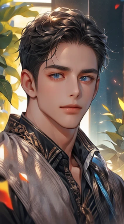 (best quality,4k,8k,highres,masterpiece:1.2),ultra-detailed,(realistic,photorealistic,photo-realistic:1.37),1 man,31 years old,mature man,very handsome,without expression,smile,short grey black hair,blue eyes,penetrating gaze,perfect face without errors,imposing posture,businessman,office background,cinematic lighting,hdr image