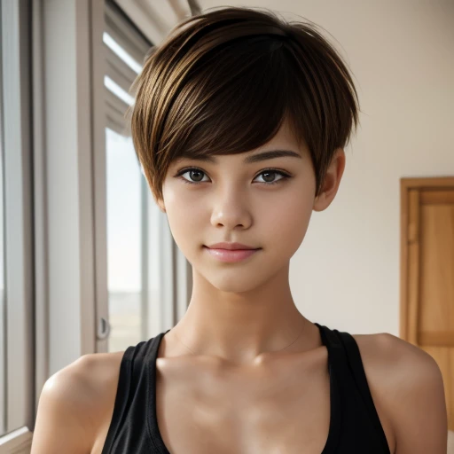 A 14 year old beautiful slim girl, short hair, tomboy hairstyle, breasts can be seen.