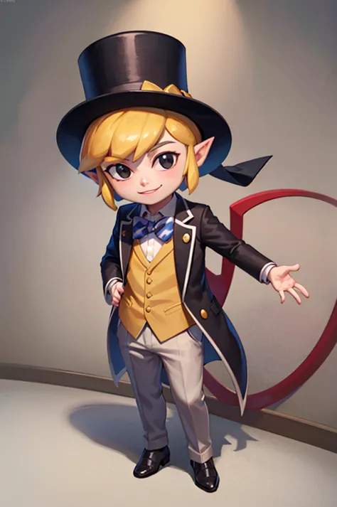 ((masterpiece,best quality)), toon_link_zelda, black eyes, solo, 1boy, top hat, bowtie, formal clothes, solo, smiling, standing,...