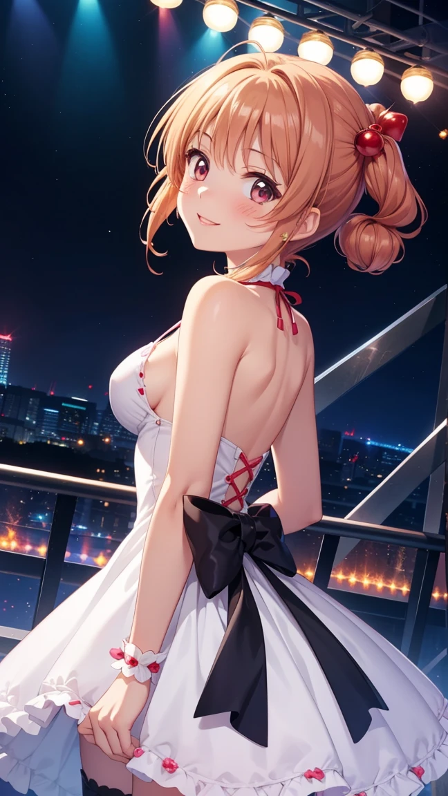 masterpiece, best quality, highres, 1girl, detailed face, blush, anime CG style, (medium breasts), (18 year old girl:1.3), (aged up), good lighting, perfect body, sakura kinomoto, glossy lips, looking at viewer, idol dress, smile, stage, long in back