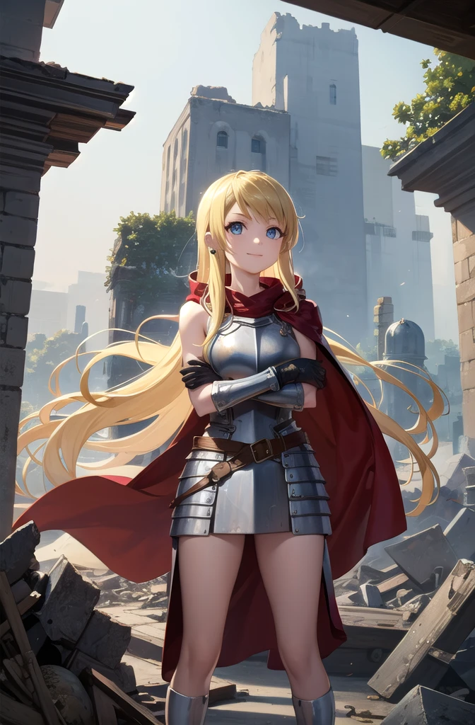 (masterpiece, best quality, detailed), 1 Girl, Solitary, Looking at the audience, winry rockbell, earrings,
armor, Breastplate, armored dress, cape, belt, Gloves, Scapula, ruins, Too big, rubble, pillar, outdoor, architecture, Light, FOG, Cross your arms, Breast Holding, arms under breasts, Smile, Shut up, V-shaped eyebrows，Sabre