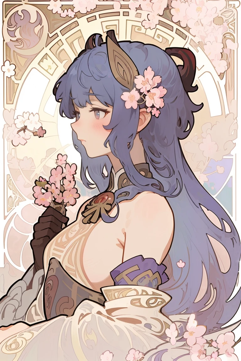 Art Nouveau Style, poster in a theater, (((art by alphonse mucha))), upper body, blush, profile ,(masterpiece, finely detailed beautiful eyes: 1.2), 1girl, solo, beautiful, small details, ultra detailed, best quality, intricate, sharp, digital illustration, detailed, ((cherry blossoms)), ganyu \(genshin impact\), 1girl, ahoge, bangs, bare shoulders, bell, black gloves, ((blue hair)), blush, breasts, chinese knot, detached sleeves, flower knot, gloves, horns, long hair, medium breasts, neck bell, night, outdoors, purple eyes, sidelocks, solo, tassel, white sleeves, ((masterpiece)), curly hair