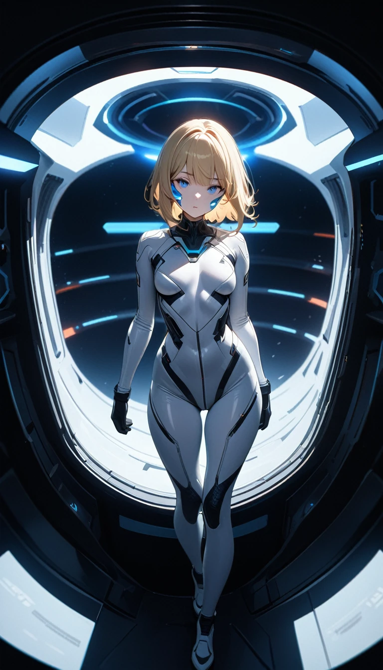 a beautiful young girl with short blond hair and blue eyes,detailed facial features,wearing a simple black and white space military skinsuit,full body shot,standing inside a spaceship,looking directly at the viewer,cinematic lighting,highly detailed,8k,masterpiece,digital art,sci-fi,futuristic,dramatic lighting