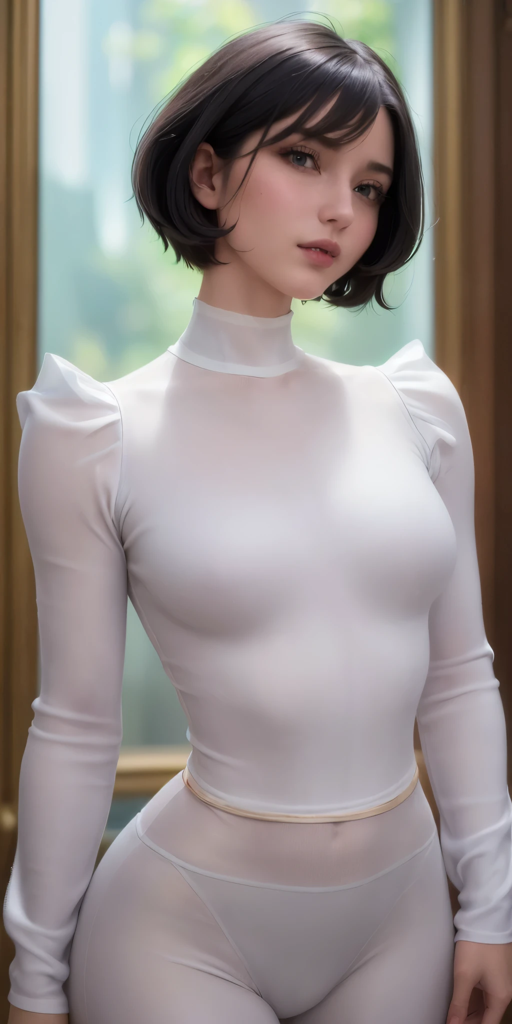 (best quality, ultra-detailed, photorealistic: 1.39), bright and vibrant colors, studio lighting, romantic expression, Cropped long sleeved ruffle, pants, light fabric, undercut platinum bobcut black hair, small breasts, fit, muscular, short hair, mercenary