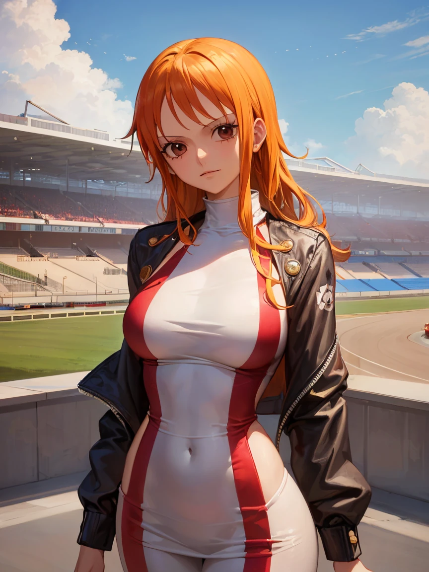 ((Top quality)), ((Masterpiece)), ((best quality:1.2,)) (((Nami (One Piece), 1girl, solo))), (((bodycon suit, Race Queen Outfit))),