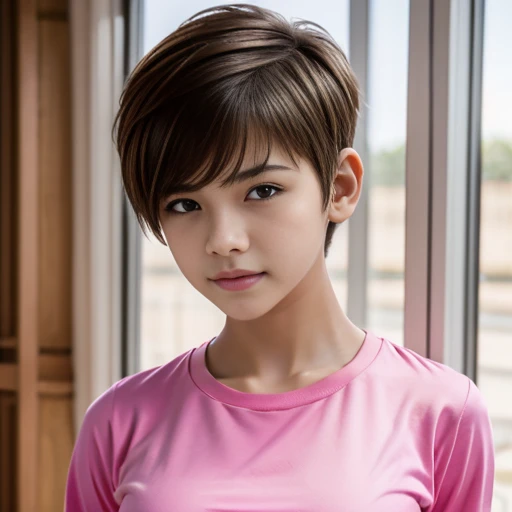 A 14 year old beautiful slim girl, short hair, tomboy hairstyle, big breasts can be seen, wearing very tight pink tshirt.