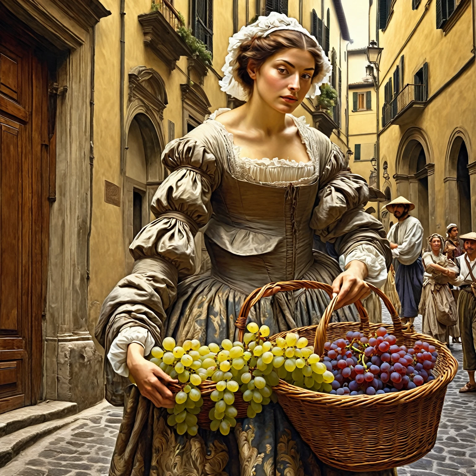 historical reconstruction: a street artist paints a peasant woman posing for him with a basket full of grapes, on one of the streets of Florence in 1524. a digital painting of an, inspired by Michelangelo, old school classicism craftsmanship, recreation of the style of clothing and surroundings of the Renaissance era, masterful rendering of chiaroscuro, daylight, natural paints, Art on canvas, detail, intense look, Baroque digital painting, Beautiful intricate painting.
