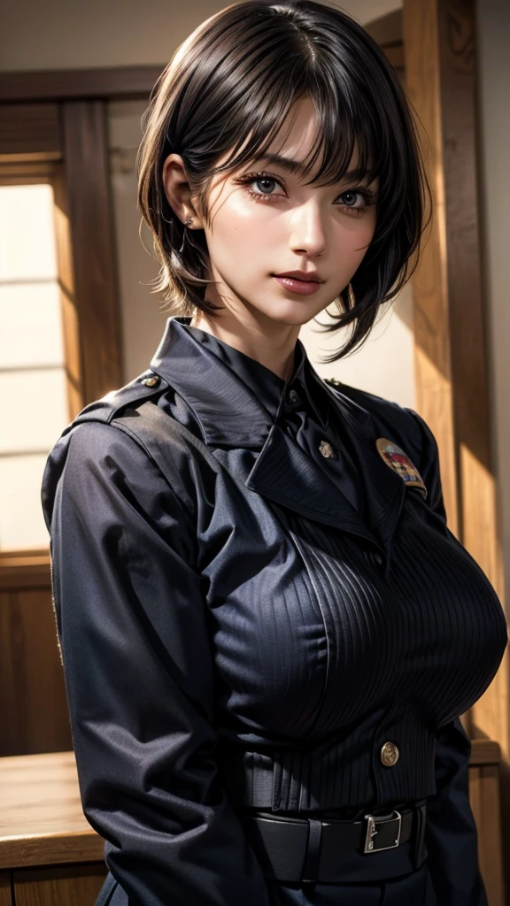 ((Beautiful Face:1.2)), (Purelos Face_v1: 1.0), Half Body,(Highest Resolution, clear_image) Highest quality, Single, One Woman, alone, masterpiece, Very detailed, (realistic), Black short hair, Black Hair, bangs, mature, ((JSDF uniform)), Indoor Background, kind, Authoritative, Powerful, Exquisite facial features, Exquisite facial features,((Natural big breasts:1.2))