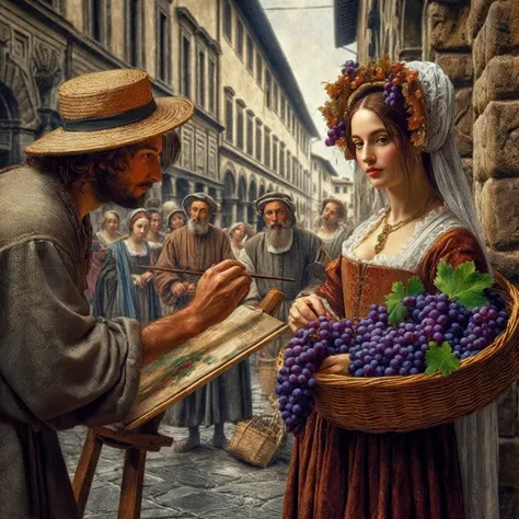 historical reconstruction: a street artist paints a peasant woman posing for him with a basket full of grapes, on one of the str...