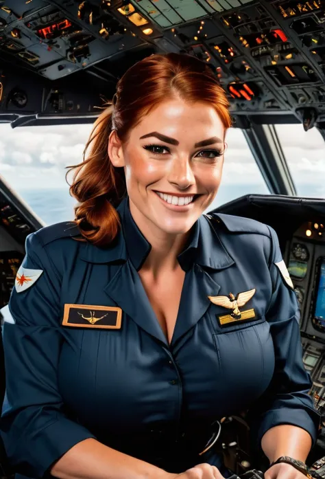 a beautiful scottish woman flying a jumbo jet, in the cockpit, holding on to the controls, wearing a flight captain uniform.  sh...