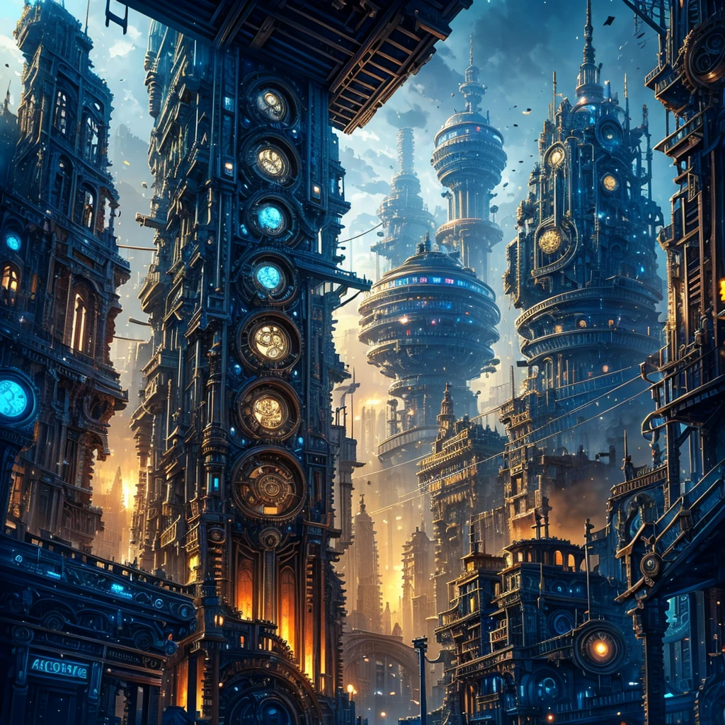 gears are attached to the sides of a building in a futuristic city, concept art by Mike "Beeple" Winkelmann, cgsociety contest winner, retrofuturism, ancient steampunk city, golden steampunk city atmosphere, in steampunk cityscape, steampunk city, a steampunk city, victorian steampunk mega city, steampunk city background, in a steampunk distopian city, digital steampunk art