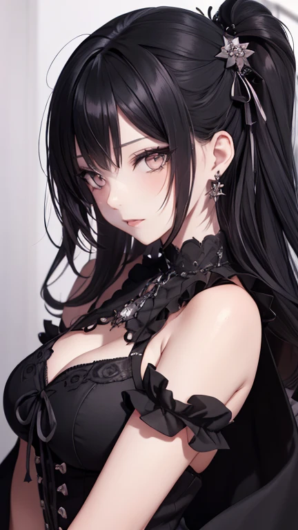 Anime girl, intricate details , 1girl, ahegao, rolling eyes, tongue out, full-face blush, heart in eye, black hair, bronzeada, coroa de flores pretas na cabeça, blusa arrastão, blusa de rede , 💗 , hair accessories, masterpiece), best quality, expressive eyes, perfect face, gothic woman, black hair, , hairstyle covering the eyes, black lipstick, neutral expression, room with gothic aesthetic  , black lips, nose piercing, eyebrow piercing, earrings.  , vampire teeth  , hairstyle covering the eyes, black lipstick, room with gothic aesthetic 