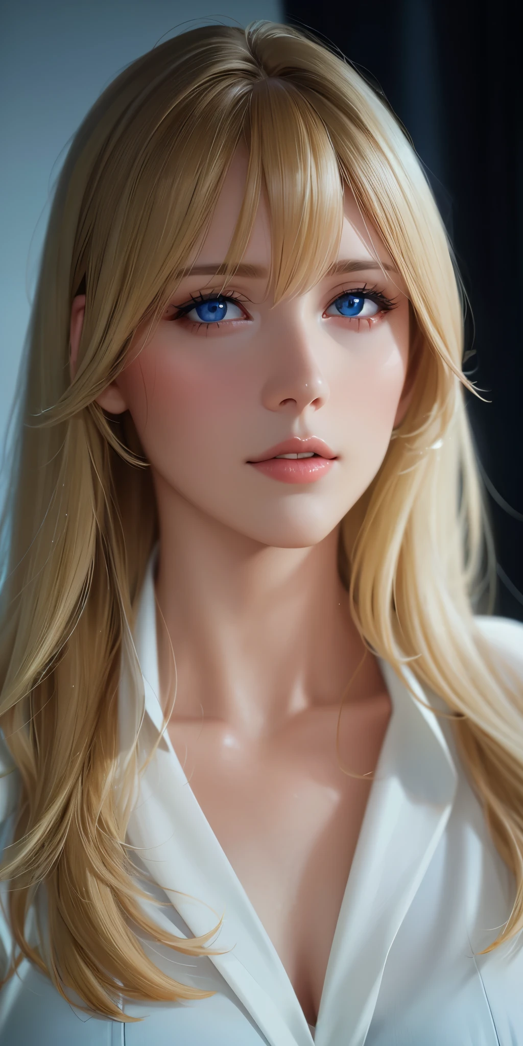 Elegant mature woman, milf, blue eyes, blonde hair, bangs, look at viewer, soft light, 4k resolution, high quality, beautiful cg