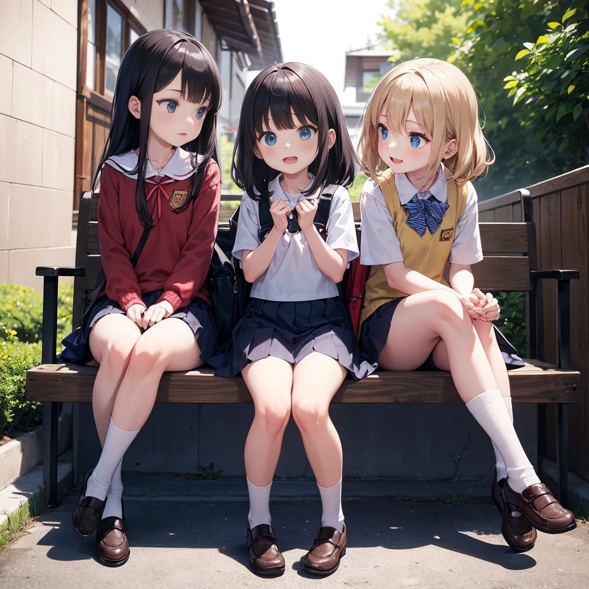 Three very young girls, about eight years old, on a street in Japan, one of the old streets, behind them is a school. They are wearing Japanese school uniforms. Their thighs are all visible, and their socks reach below the knee. Their uniforms are wearing backpacks.. The first girl is excited. Her hair is black, fluffy, reaching below the neck. She is excited and cheerful as she stands and raises her hands excitedly, meaning she is black.. The second girl has blond hair that reaches below the neck and blue eyes. She is a little younger than them in age. She is very beautiful and very, very innocent and a little afraid. She looks anxious and pretends to be a normal person. She is shy and looks shy while she is sitting on her knees, placing her hands on her thigh, and she is shy and half-assed.. The third girl, her hair white, reaches below her neck, she wears red jewelry on it, her eyes are blue, she stands next to them, looking with a mixture of shyness and courage, she is half shy and half happy, she stands looking with amazement, shyness and courage. They all look in amazement. The three girls. Side view. One of them seems to be stumbling. They are three young girls. They are all the same height. They are very young, very innocent children. Only the second girl is sitting, while the first and third are standing.