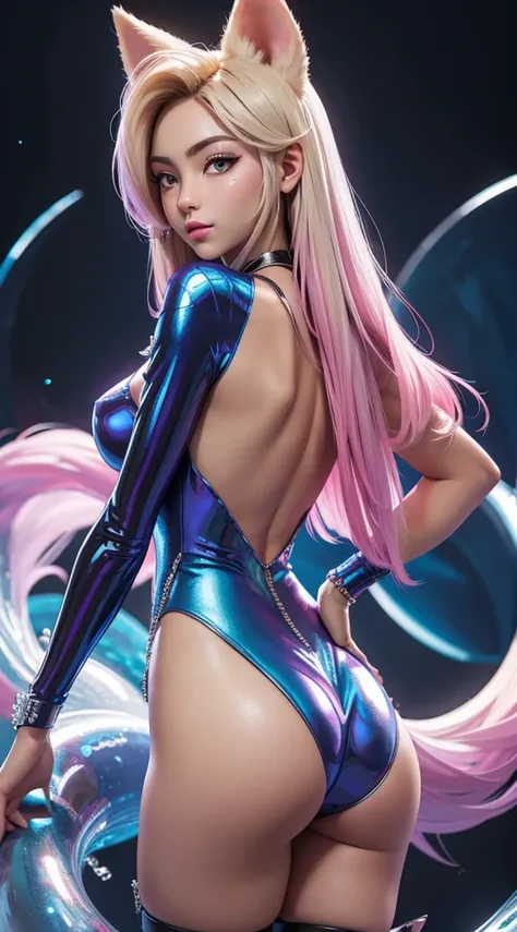 ahri kda, back view, big ass, perfect breast, beautiful, sexy, slim, cute, highly detailed, deep focused image, realistic full-l...