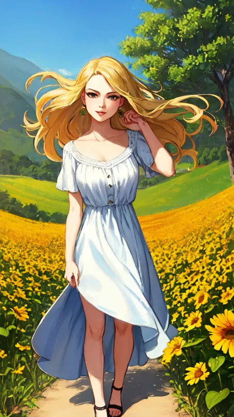 jhyd style masterpiece, full body, drawing of a young woman, beautiful face, snub nose, full lips, long blonde hair, summer dres...