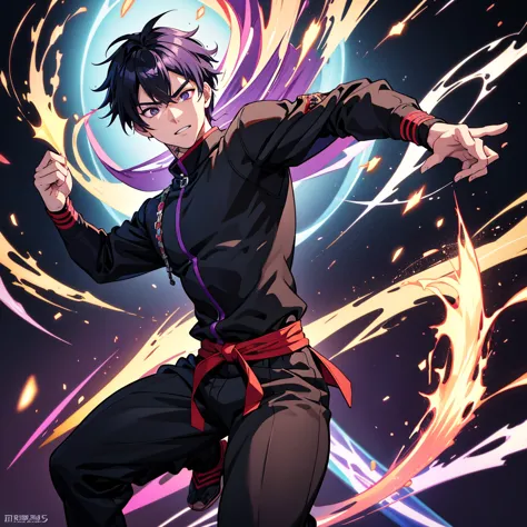 anime style,a martial artist, a twenty-year-old man with purple energy in his hand, looking directly at the camera, wearing blac...