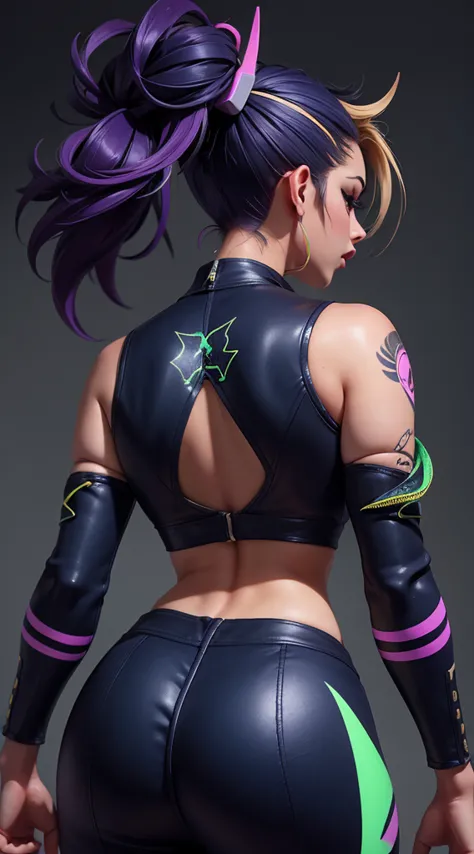 kda akali, back view, big ass, perfect breast, beautiful, sexy, slim, cute, highly detailed, deep focused image, realistic full-...