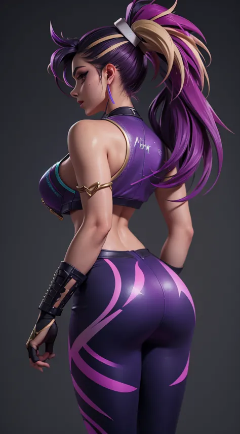 kda akali, back view, big ass, perfect breast, beautiful, sexy, slim, cute, highly detailed, deep focused image, realistic full-...